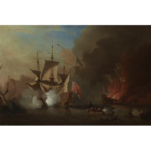 An English ship in action with Barbary ships at night